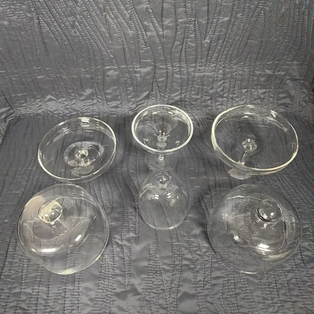 Set of 3 Clear Glass Pedestal Cake Stands w/ Domed Lids Cloches 8